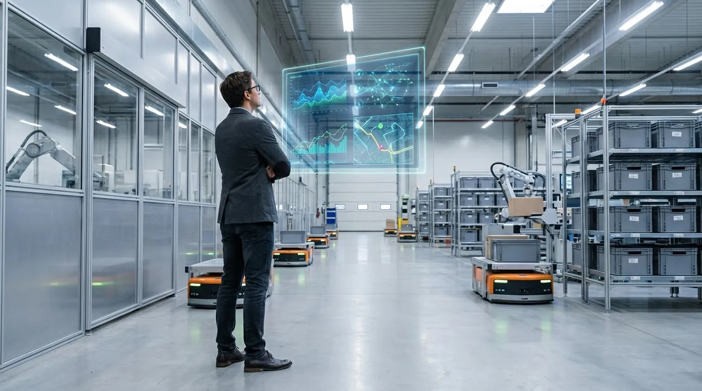 Un homme regarde un écran holographique de données dans une usine automatisée avec des robots mobiles et des étagères.